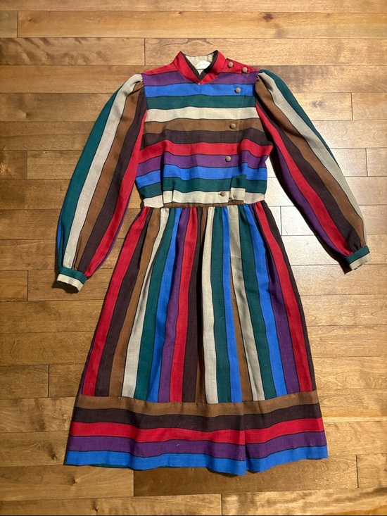 Vintage Dresses & Skirts - Vintage Multicolor Striped Long-Sleeve Midi Dress
